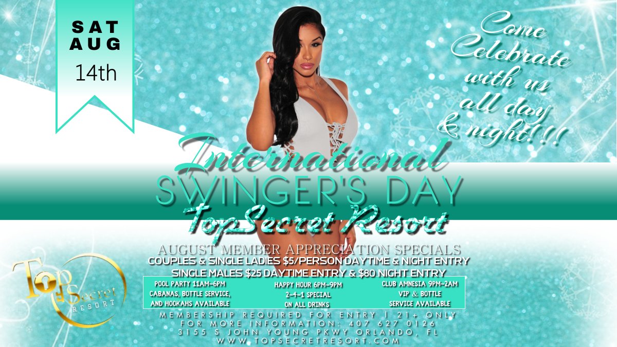 topsecretresort's tweet photo. Come celebrate #internationalswingersday with us this Saturday!!!  We're also offering #memberappreciation special pricing for the entire month of August!
#topsecretresort #couplesgoals #Swingershavemorefun https://t.co/sWy43URl9t