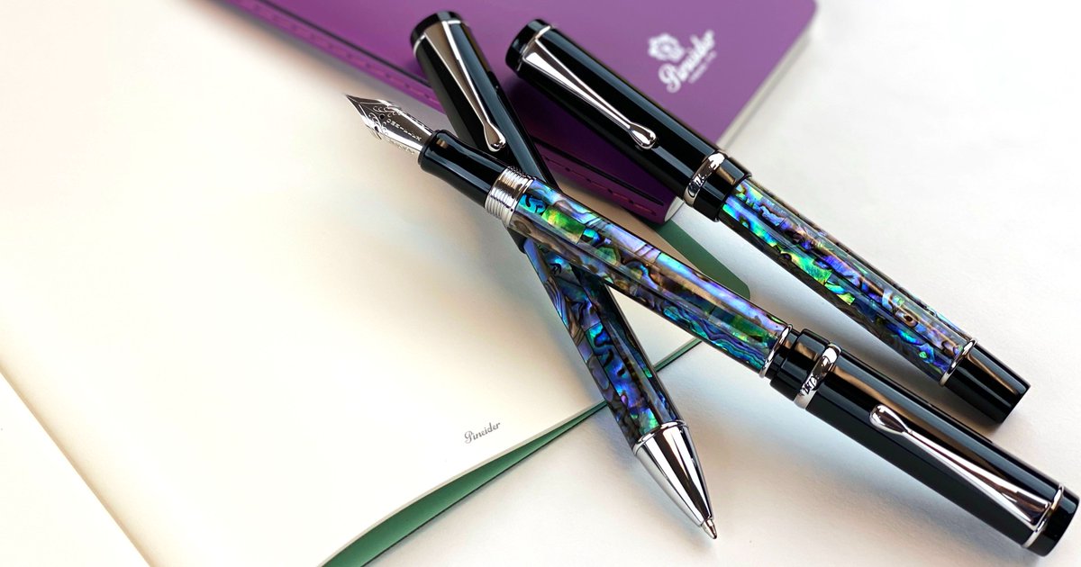 PenChalet's tweet photo. Picking up Conklin's latest Duragraph release is like taking a quiet walk on the beach in the moonlight. Preorder your Conklin Abalone Nights Duragraph today: https://t.co/Rros502eqX #conklin #duragraph #abalonenights #fountainpen #conklinduragraph #conklinabalonenights https://t.co/h8BADSWeYj