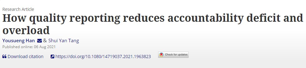 Public Management Review (@pmreview_) on Twitter photo Here <a href="/YousuengHan/">youshan@yonsei.ac.kr</a> and Shui Yan Tang theoretically and empirically examine how quality reporting can reduce #accountability deficit and overload in a multi-principal setting tandfonline.com/doi/full/10.10… Here <a href="/YousuengHan/">youshan@yonsei.ac.kr</a> and Shui Yan Tang theoretically and empirically examine how quality reporting can reduce #accountability deficit and overload in a multi-principal setting tandfonline.com/doi/full/10.10…