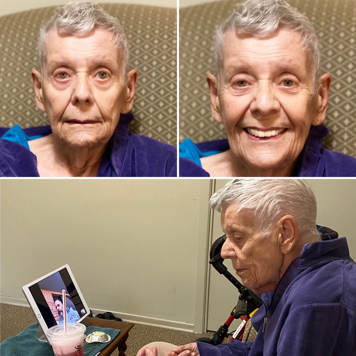 mishy840's tweet photo. FaceTime with @gdubsy with a pink lemonade slush and a @cobs_bread_grasslands butter tart. Mom was super pumped for her photo shoot (see photo top left). #covidvisits #getouttamyface https://t.co/fbgCzdOTgj