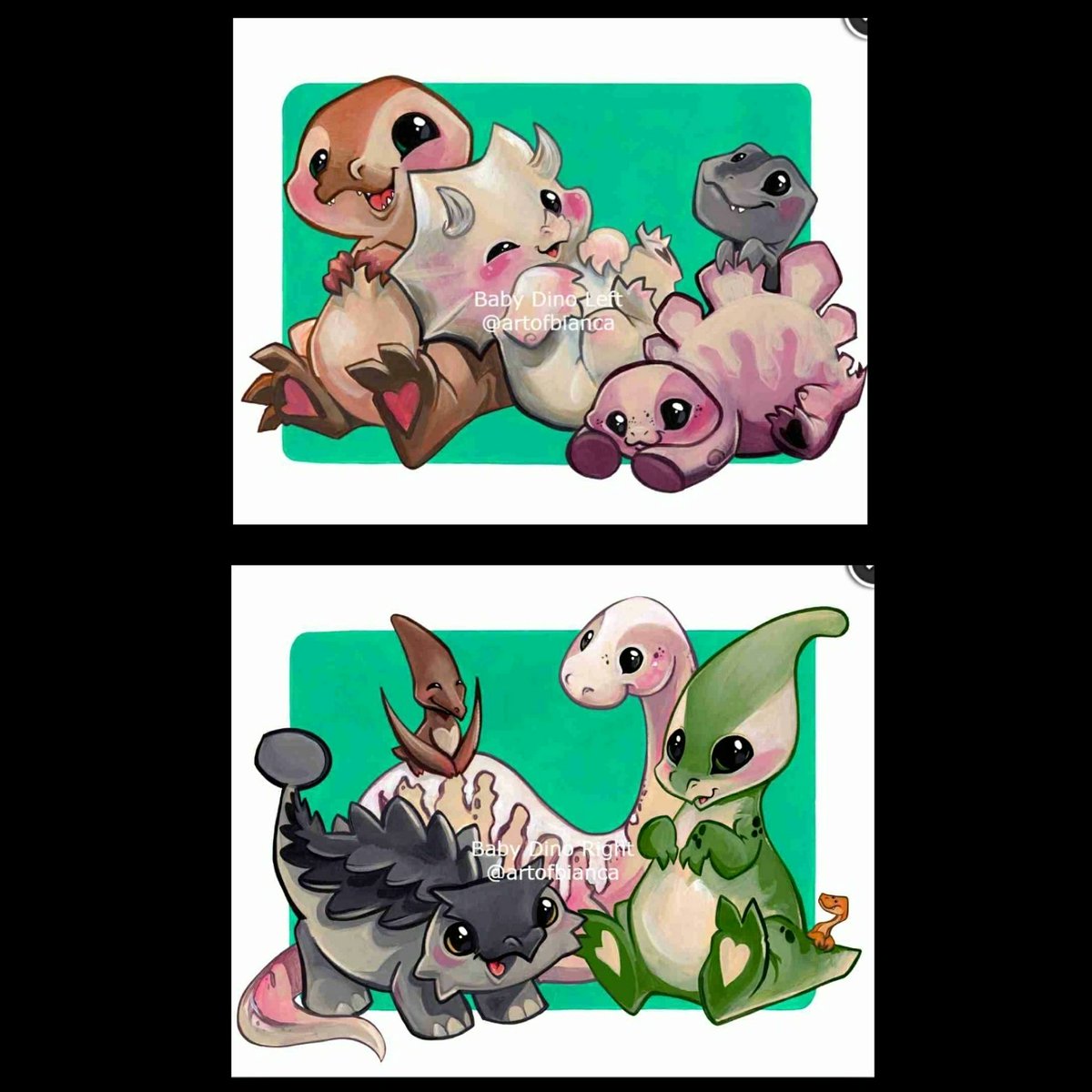 Baby dino Left and Right Prints are up! ❤️🦖🦕❤️

#dinosaur #dino #trex #triceratops #stegosaurus #velociraptor #ankylosaurus #brachiosaurus #pterodactyl #parasaurolophus #compsognathus #art #painting #create #make #acrylic #bristol