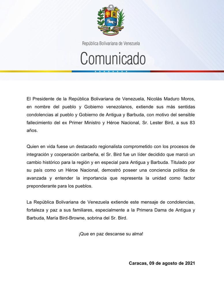 Jorge Arreaza M (@jaarreaza) on Twitter photo #COMUNICADO | El Presidente <a href="/NicolasMaduro/">Nicolás Maduro</a> en nombre del pueblo y gobierno venezolanos, extiende sus más sentidas condolencias al pueblo de Antigua y Barbuda, por el sensible fallecimiento del ex Primer Ministro, Héroe Nacional y destacado regionalista caribeño, Sr. Lester Bird. #COMUNICADO | El Presidente <a href="/NicolasMaduro/">Nicolás Maduro</a> en nombre del pueblo y gobierno venezolanos, extiende sus más sentidas condolencias al pueblo de Antigua y Barbuda, por el sensible fallecimiento del ex Primer Ministro, Héroe Nacional y destacado regionalista caribeño, Sr. Lester Bird.
