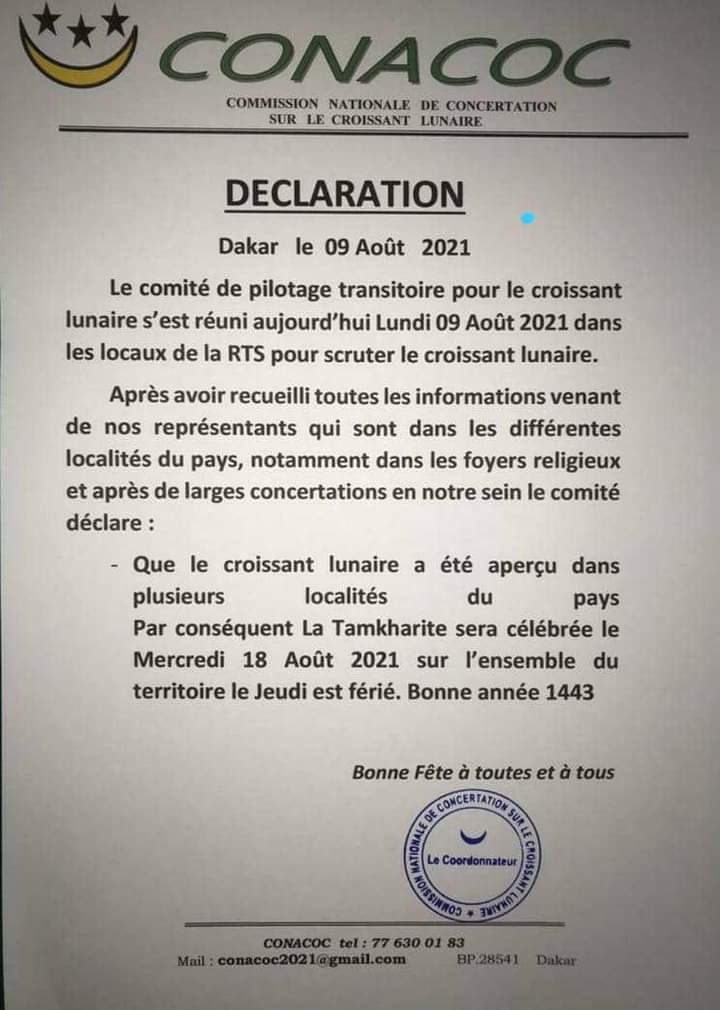 ModelLecitoyen's tweet photo. ℹ🇸🇳 #FLASH #Tamkharit2021
La Commission nationale de concertation sur le croissant lunaire (#CONACOC) annonce la célébration de la #Tamkharit, le 18 Août 2021.
#Sn221 #Kebetu #Dakar #Sénégal https://t.co/vkcOl7pOtG