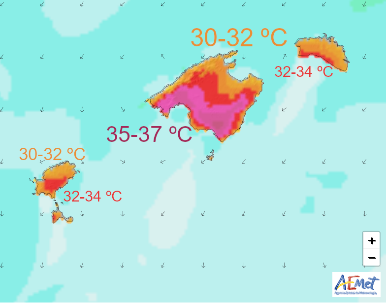 AEMET_Baleares's tweet photo. Comenzamos el episodio de calor que afectará a  #Baleares al menos hasta el lunes.

⚠️Hoy aviso amarillo por temperaturas altas en el sur de #Menorca y sur-interior de #Mallorca.

🧐El fin de semana alcanzaríamos el pico de calor siendo además los días más calurosos del verano. https://t.co/4phWx6aqPB