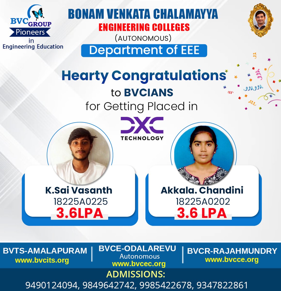 BvcColleges's tweet photo. Hearty Congratulations to BVCIANS for getting placed in DXC
Contact us: 9490124094
Visit us: https://t.co/5Mc75NQYJQ
#bvc #bvcgroup #bestengineeringcolleges #AdmissionsOpen #topengineeringcolleges #rajahmundry #odalarevu #amalapuram #DXC #DXCTechnology https://t.co/Ywkicv3om5