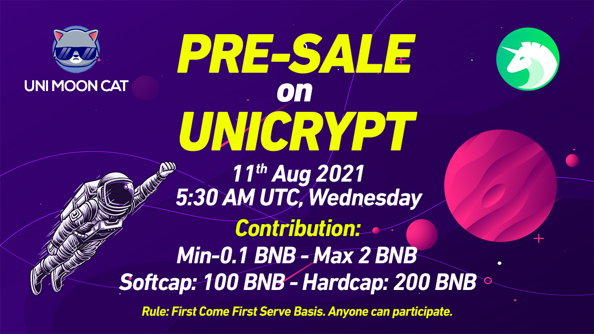 Get your hands early on UMCT tokens‼️Seize the opportunity🔥

UNICRYPT Presale  link: app.unicrypt.network/amm/pancake-v2…
Holders Info:
bscscan.com/token/tokenhol…

Airdrop ends on 10th,11th we would be publishing the winners details. 🔥

✅Official announcements channel: t.me/unimooncattoke…