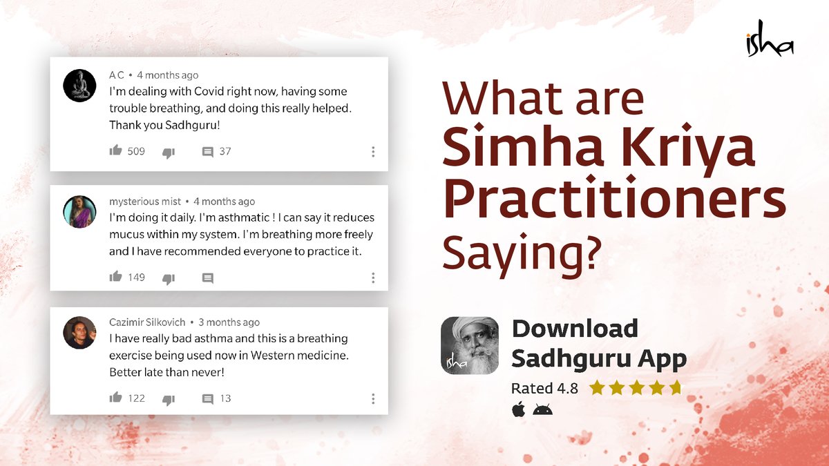 ishafoundation's tweet photo. 😇 What are #SimhaKriya practitioners saying?
🌸 Access the new feature "Yoga for Covid Times" on Sadhguru App to practice Simha Kriya.
🌞 (Find it in the "Yoga" Section on the App)
🙏 Currently only on Android Phones.
🔗 https://t.co/WDjE42p59M
#SadhguruApp #YogaForCovidTimes https://t.co/j4JkTuFt3x