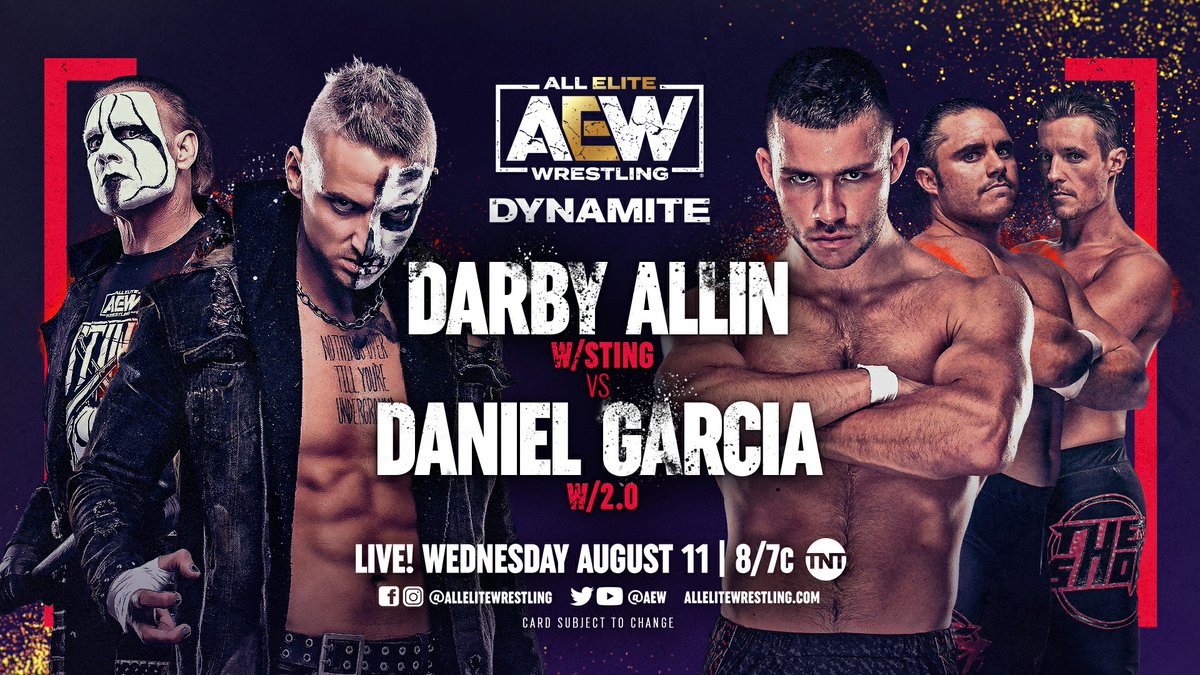 AEW's tweet photo. Following an impressive debut on #AEWDynamite last week, @GarciaWrestling claims @DarbyAllin was only able to pin him with help from @JonMoxley + @MadKing1981; Garcia challenged Darby to a one-on-one match this Wednesday, &amp; AEW GM @TonyKhan has booked the match for Dynamite! https://t.co/S0ZYYZod8i