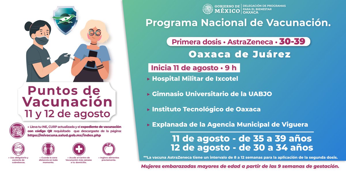 BienestarMxOax's tweet photo. ⚠️ Jornada de vacunación de 30 a 39 años.
📍 Municipio de Oaxaca de Juárez 
📅 11 de agosto, 35 a 39 años; 12 de agosto, 30 a 34 años. 
💉 Primera dosis #AstraZeneca 
🛑 Recuerda llevar rellenado tu expediente de vacunación. 
🚫 Evita filas
📲 #MeVacunoXOaxaca https://t.co/Uhlsv543rI