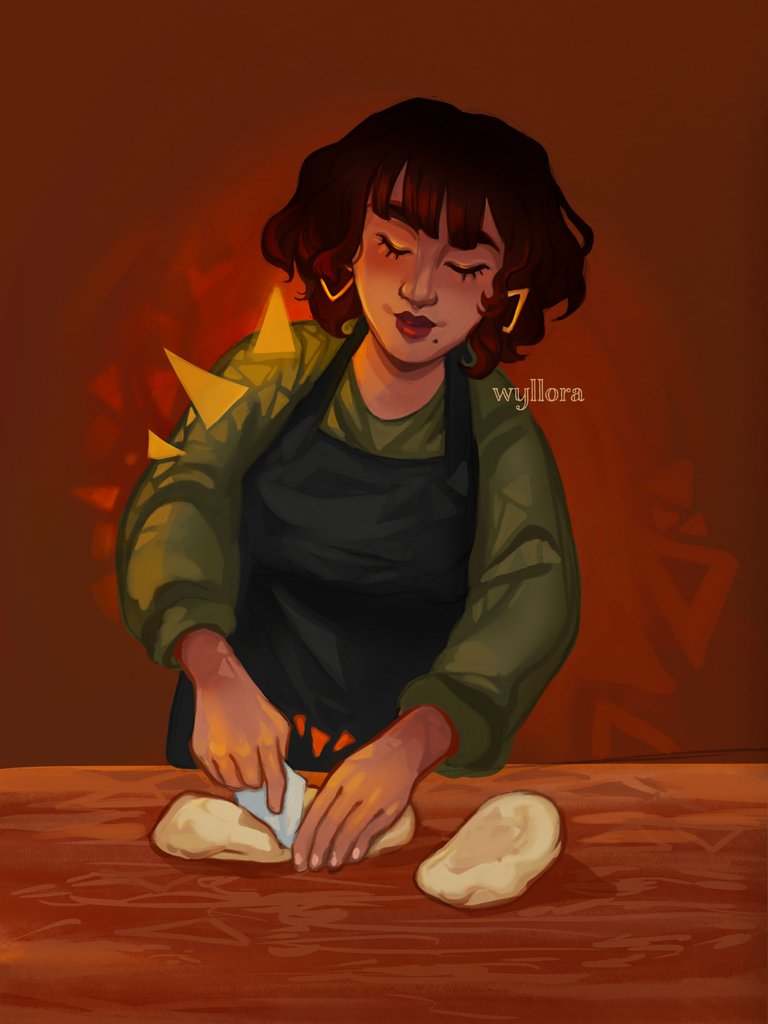 wyllora's tweet photo. 9th artfight attack! This is @kirieushiromiya 's tremere Kamila, making some kesra! really happy with how the dough came out, makes me hungry when i look at it now. also experimented with digital painting style, tons of triangles in this one https://t.co/NE0j2rfa1v
