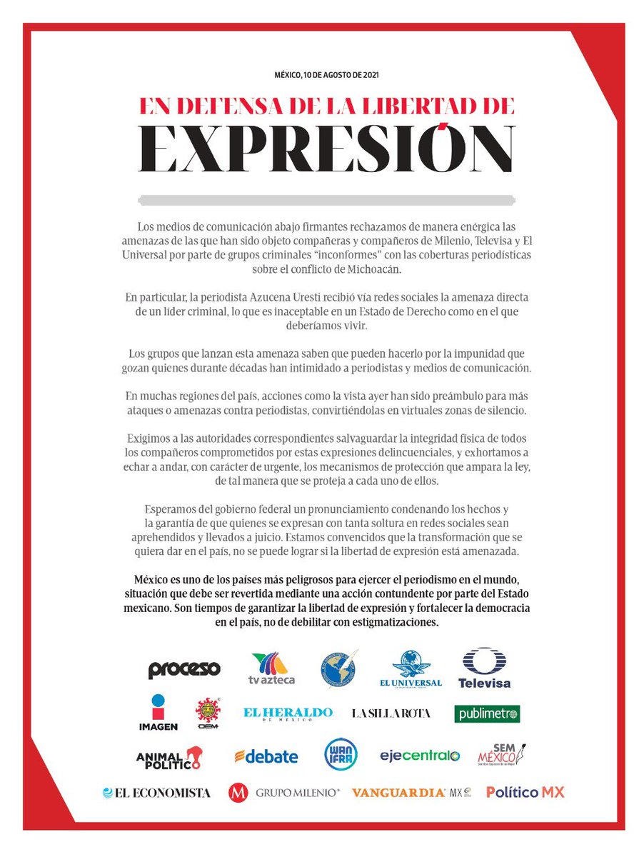 heraldodemexico's tweet photo. #PorLaLibertadDeExpresión | El Heraldo de México se une a la defensa de la libertad de expresión en los medios de comunicación. 👉 https://t.co/gWz51UZ703
@PublimetroMX @eleconomista @Milenio @vanguardiamx @PolitiCom_Ok @ELDEBATE @Azteca @EjeCentral https://t.co/go3VpDTOjp
