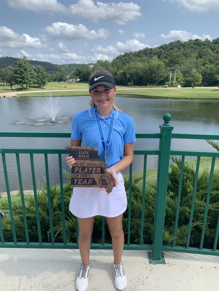 On the first day of her high school golf career, Kate Ryan won the 14-15 age division of the @MissouriGolf Jr. Tour Championship with a two-day score of 151. That locked up Player of the Year for her as well! Way to go Kate! #bigthingstocome