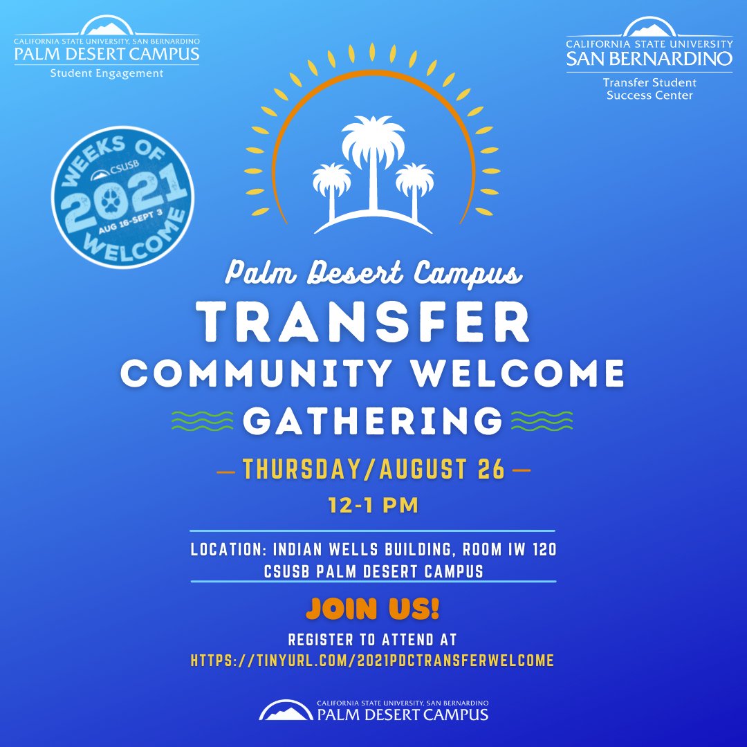 csusb_transfer's tweet image. Palm Desert Campus (PDC) transfer students, this one is for you! Join us to celebrate the start of the fall semester &amp;amp; connect with fellow incoming transfer students. See the link in our bio to register.