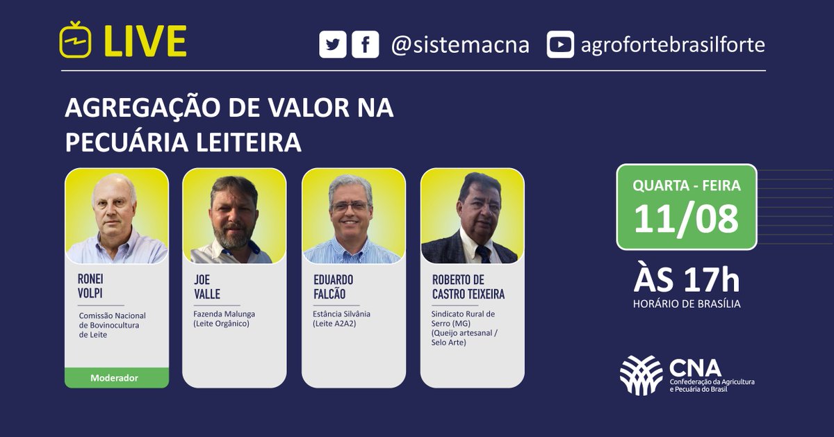 SistemaCNA's tweet photo. Acompanhe com a gente!
#pecuaria #leite #sistemacna #live #leitea2a2 #agro #pecuariadeleite https://t.co/FuaZNOf07N