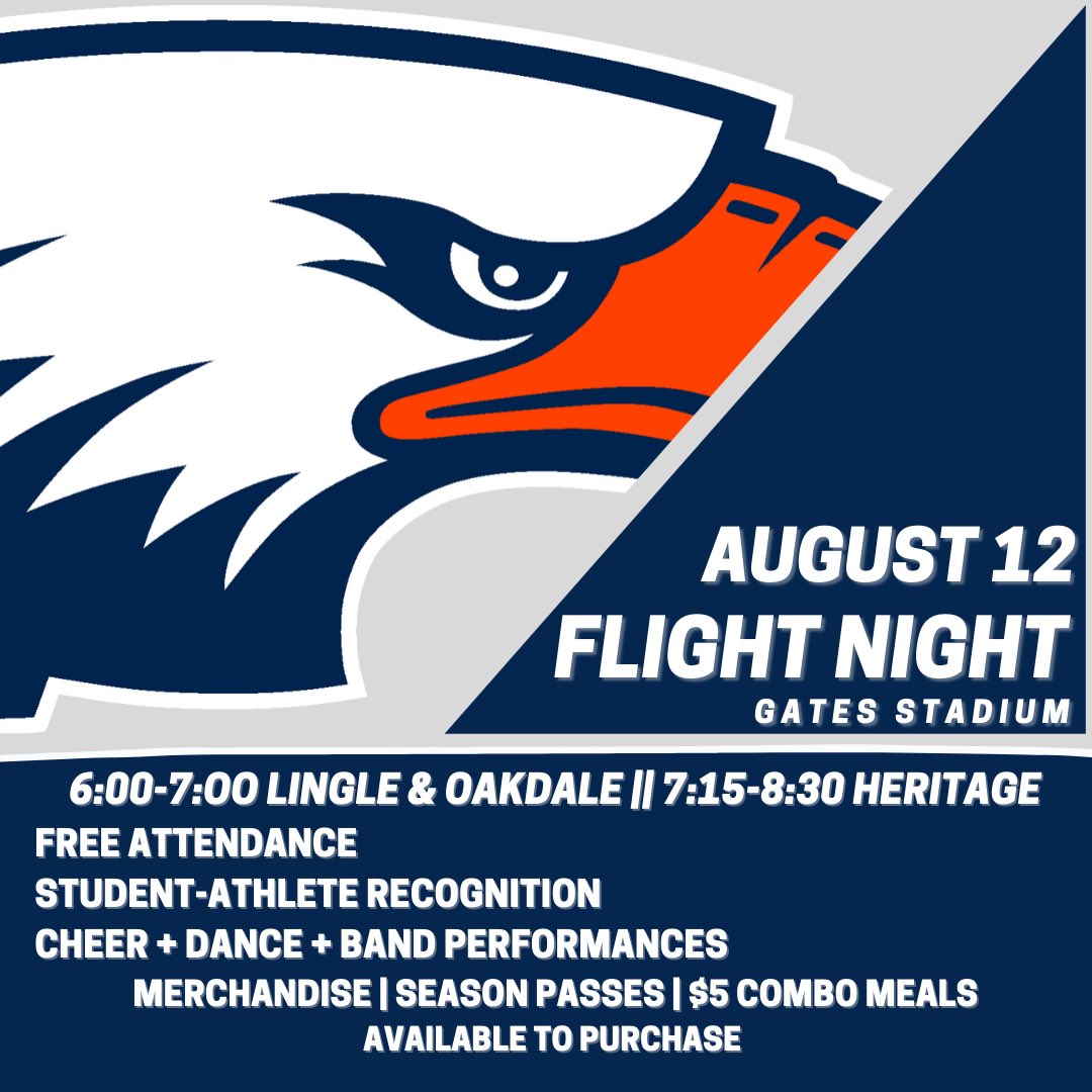 war_heritage's tweet photo. Flight Night is all about YOU. Come support your team by showing up in your school colors! 

📍Gates Stadium
⏰ 6-7 • Lingle &amp; Oakdale
  7:15-8:30 • Heritage https://t.co/4iAIJ2hPQ4
