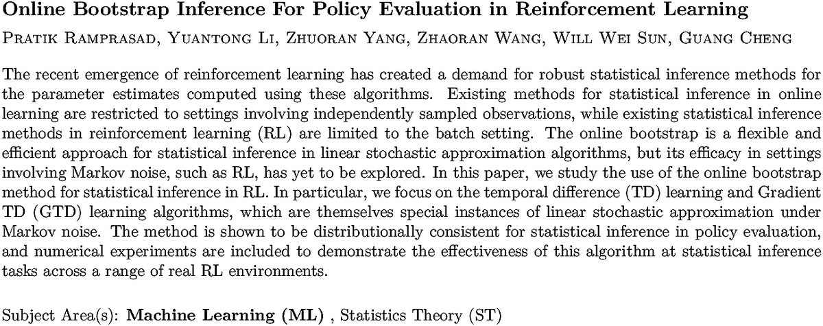 arxiv.org/abs/2108.03706…
P Ramprasad et. al.
Online Bootstrap Inference For Policy Evaluation in Reinforcement
  Learning