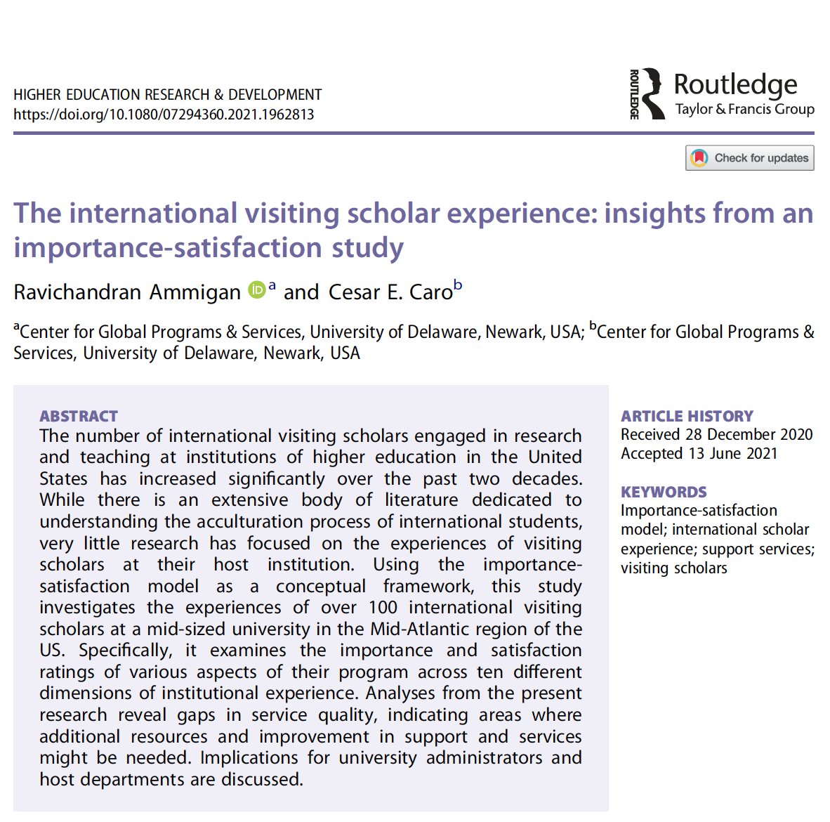 New article with Cesar Caro on the experiences of international visiting scholars in the US, published in <a href="/HERDJournal/">Higher Education Research and Development</a> iFirst today: lnkd.in/e4TcS-Mx. Pre-publication version also available at: lnkd.in/ec_8mebd #VisitingScholars #J1visa #BridgeUSA