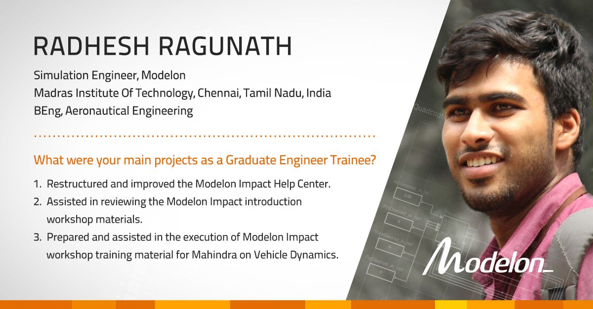 Modelon's tweet photo. Shining the spotlight on Radhesh Ragunath who started as a Graduate Engineering Trainee is now a Simulation Engineer at Modelon. Check out Radhesh's work leading up to his role as a Simulation Engineer. #OneModelon https://t.co/tzZtwfFG09 https://t.co/75eqmEDwhz
