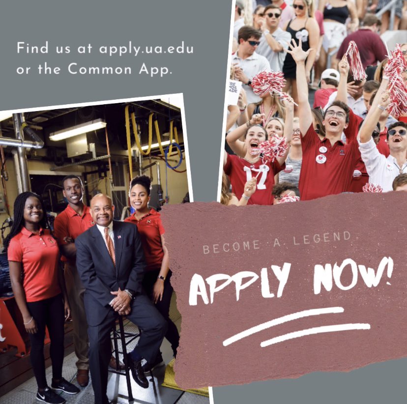 Bama_NETexas's tweet image. 🚨Rising seniors!🚨
The application for Fall 2022 is LIVE! No essay or letters of rec necessary. 

-App —&amp;gt; app fee —&amp;gt; transcripts —&amp;gt; {optional} test score. And done!

-Ask me about our admission requirements or let me connect you with a rep that lives near you!
#rolltide #ua26