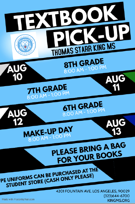 TSKingMagnetLA's tweet photo. Please remember Textbook Pick-Up starts tomorrow, Tuesday, August 10th for 8th graders! See flyer below for more information. https://t.co/PP57PW3Y2G
