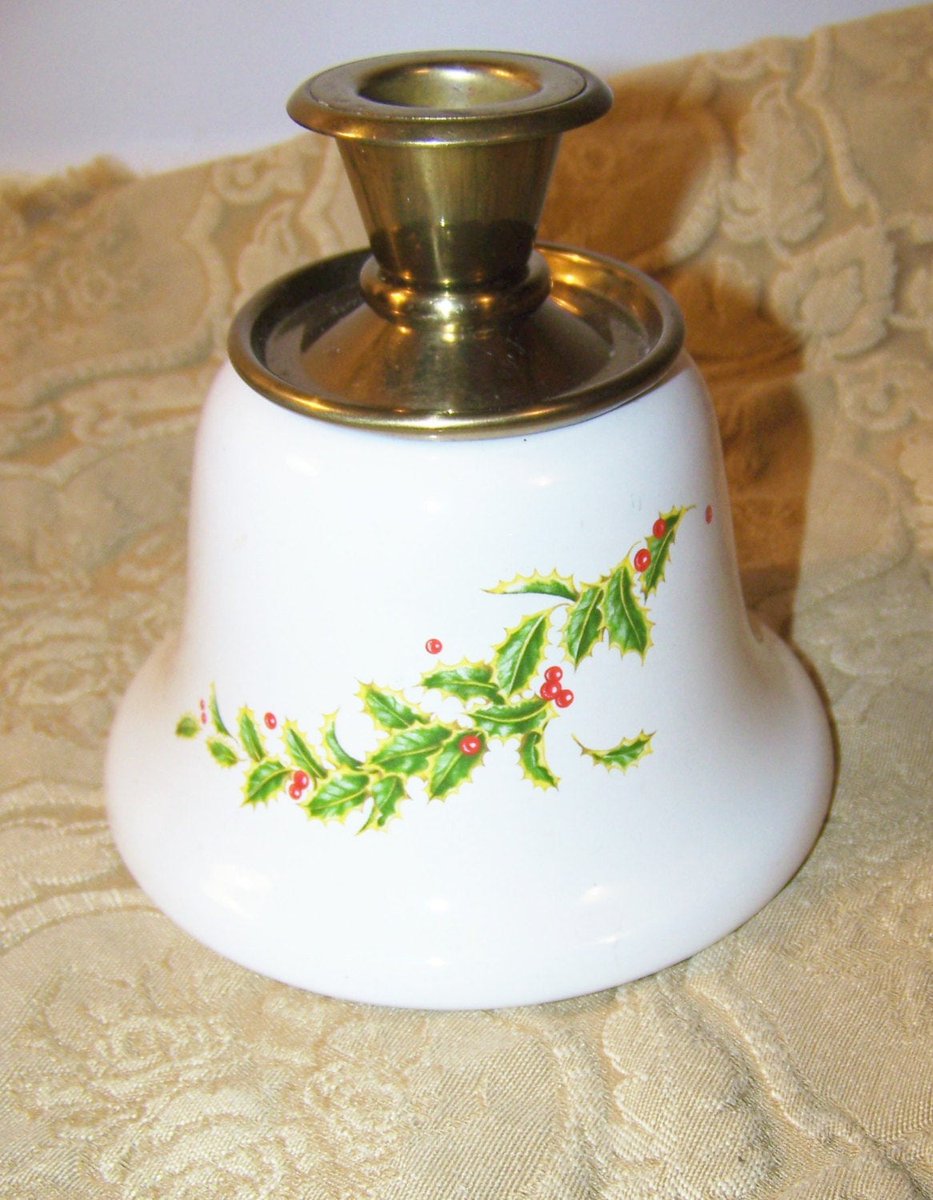 Vintage Telefora Brass Christmas Candlestick Holder with Porcelain Base, Ivy decoration, Bell shaped bottom, Christmas Decor, Xmas Candles tuppu.net/d584d4f2 #vintage #AntiquesAtlanta #CandlestickHolder