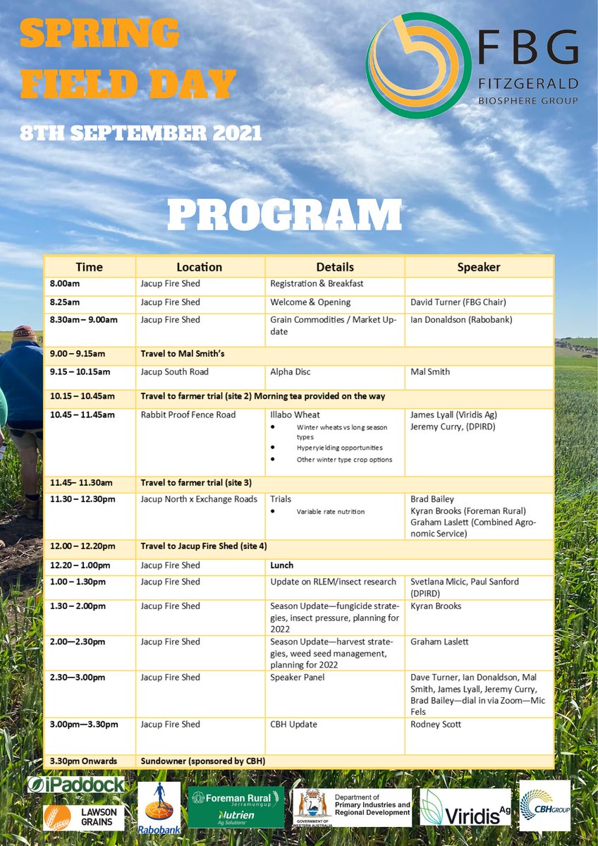Spring Field Day is being held in the Jacup area on Wednesday 8th September
Jacup Fire Shed from 8am for brekkie burgers
Register at: fbg.org.au/spring-field-d…
Members FREE, Non-Members $30 (payment on day)
Queries - Maddy Wylie on 0421 645 410