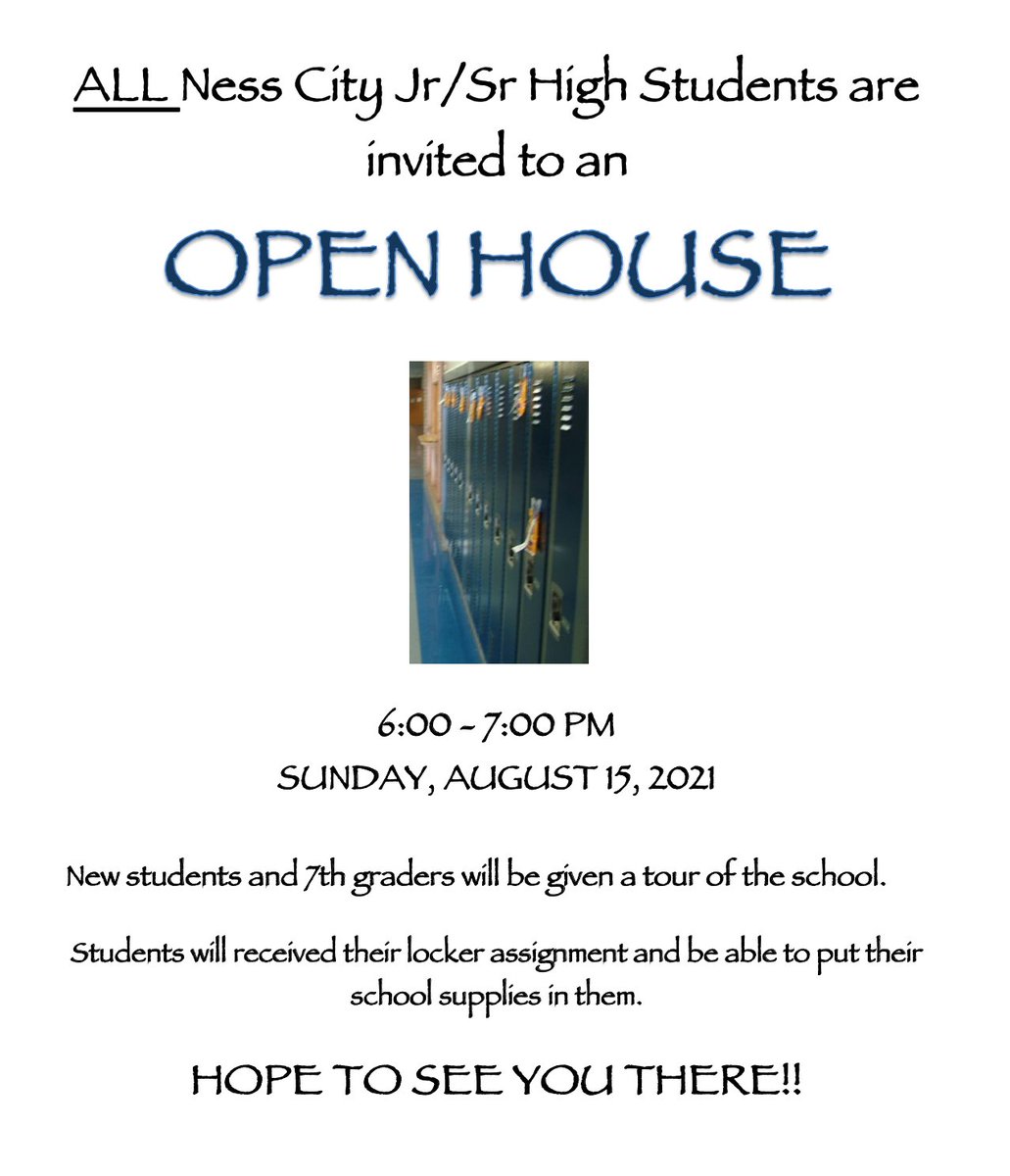 Hey <a href="/NessCityEagles/">Ness City Jr/Sr High</a>! School starts soon! Join us on August 15!