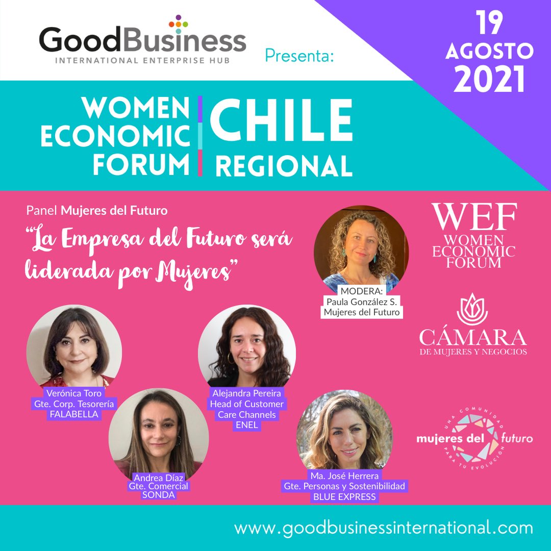 MujeresFuturo's tweet photo. Felices de contarles que se viene un nuevo Women Economic Forum esta vez Regional y estaremos presentes con un tremendo panel de #mujeresdelfuturo moderado por nuestra @paugonzas 
No se lo pueden perder! 
#wefchile #mujeresempoderadas #mujerespower #goodbusinessinternational https://t.co/9zkeljY3E5