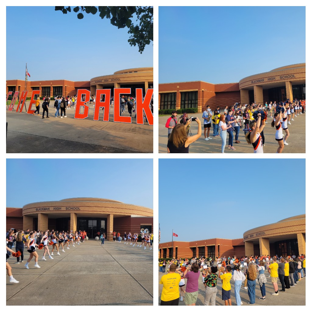 BlackmanBand's tweet photo. The Blaze Band, Cheerleaders, and Football Team welcoming back students this morning! #TheBlazeIsBack #GoBlaze https://t.co/FDz9WDYIZk