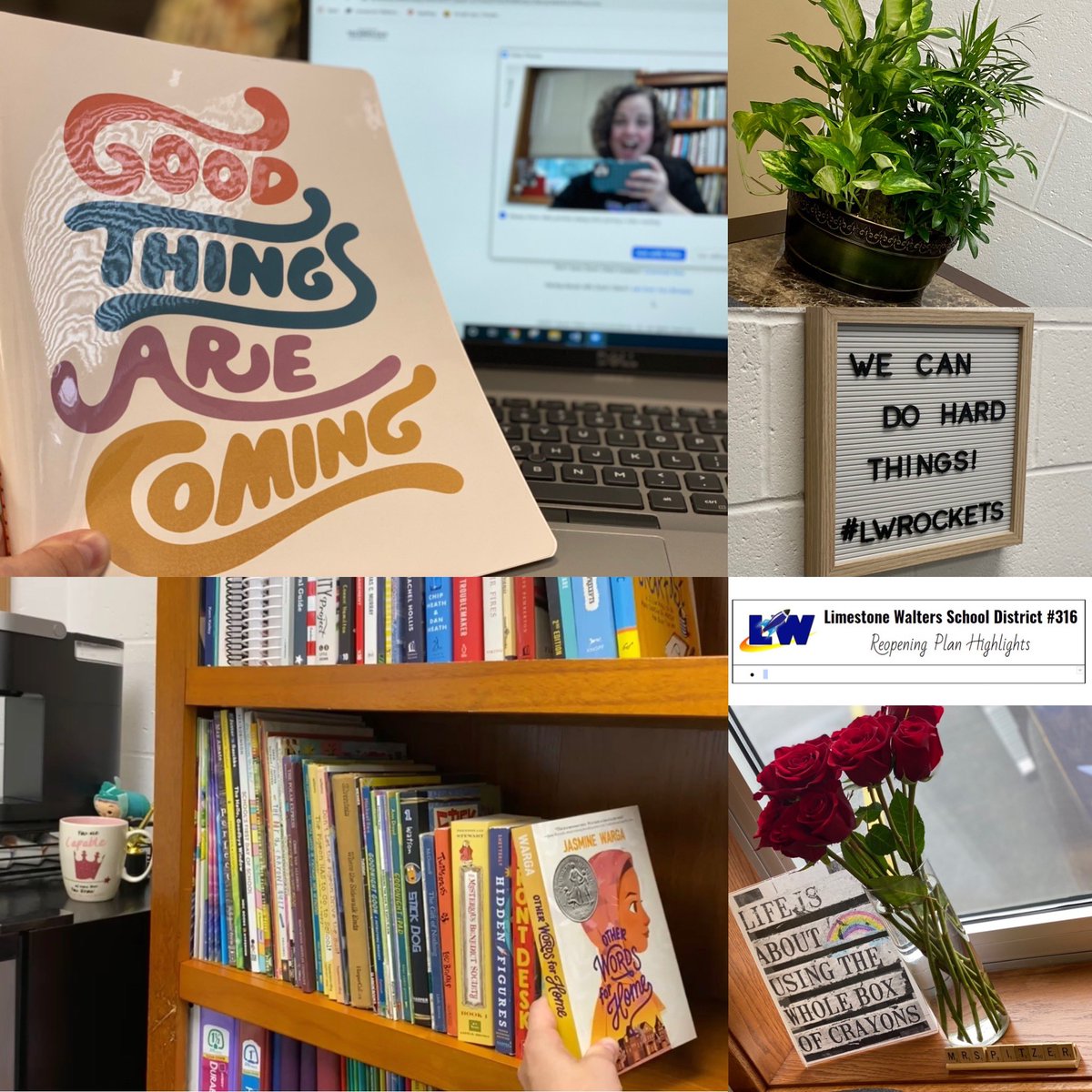 StefaniePitzer's tweet photo. Today meant ROE meetings w/ the health department, gym floor updates, chatting reopening plan highlights, visits from friends who brought me my first office plant 🪴, roses from the Mr.🌹& filling bookshelves 📚! #principalsinaction #momsasprincipals #Pitzer2e #LWrockets https://t.co/3c8pnt1FrG
