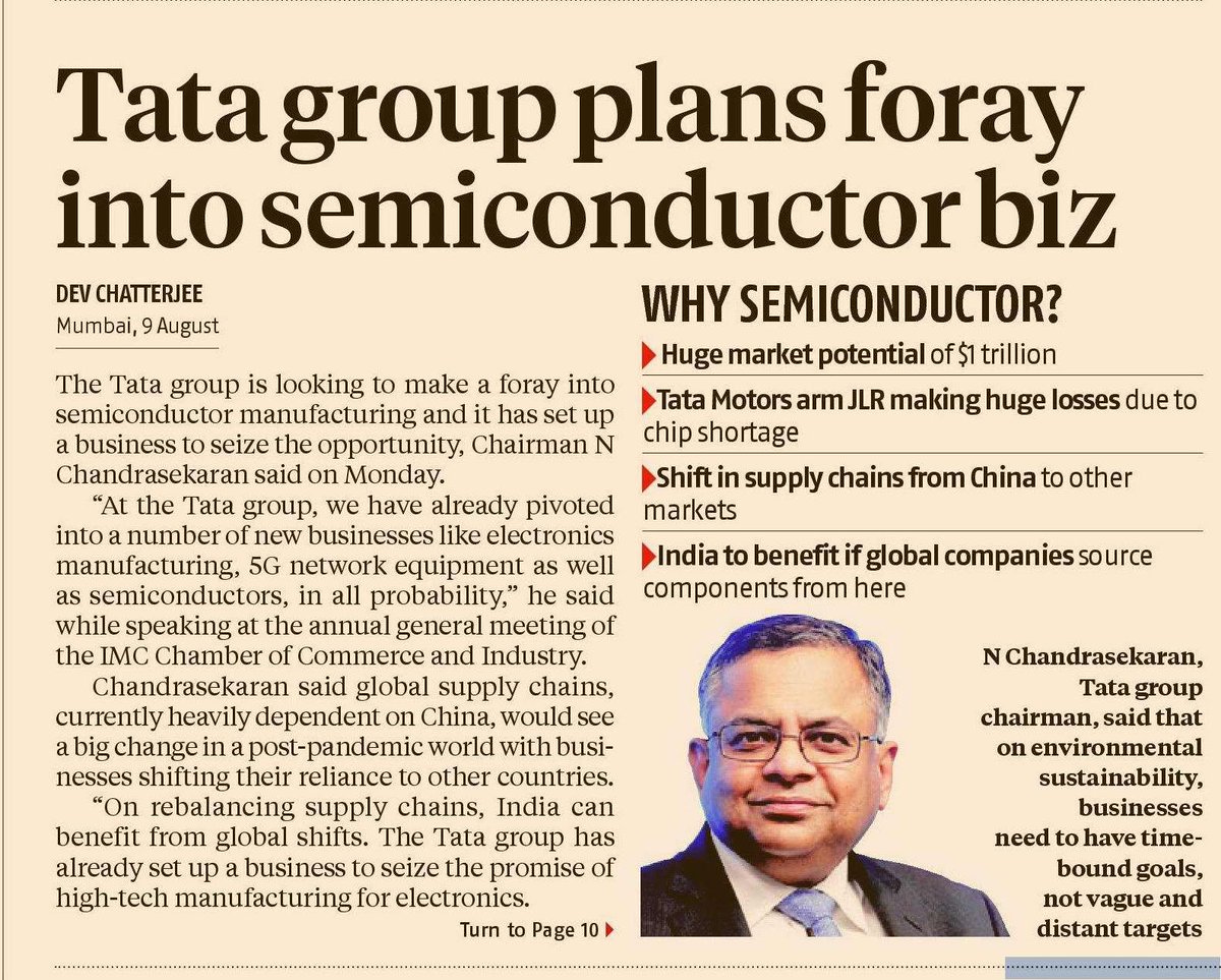 MAPATWARDHAN's tweet image. Tata group plans foray into semiconductor biz
#Tata #Group #Foray #Venture #Semiconductor #Chip #manufacturing #NChandra #Network #Tejas #acquisition #5G #Telecom #TataMotors #JLR #supply #china #Global #shifts #markets @ParagonWorli18