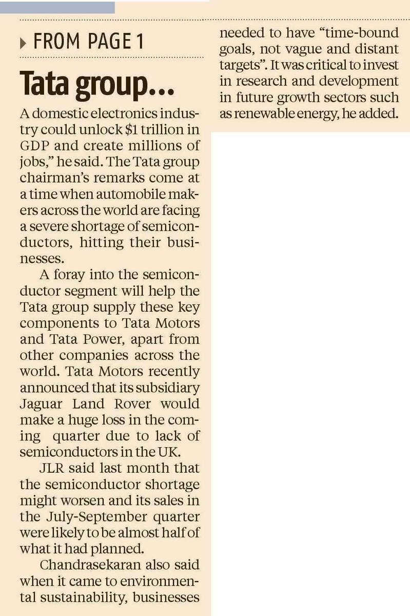 MAPATWARDHAN's tweet image. Tata group plans foray into semiconductor biz
#Tata #Group #Foray #Venture #Semiconductor #Chip #manufacturing #NChandra #Network #Tejas #acquisition #5G #Telecom #TataMotors #JLR #supply #china #Global #shifts #markets @ParagonWorli18