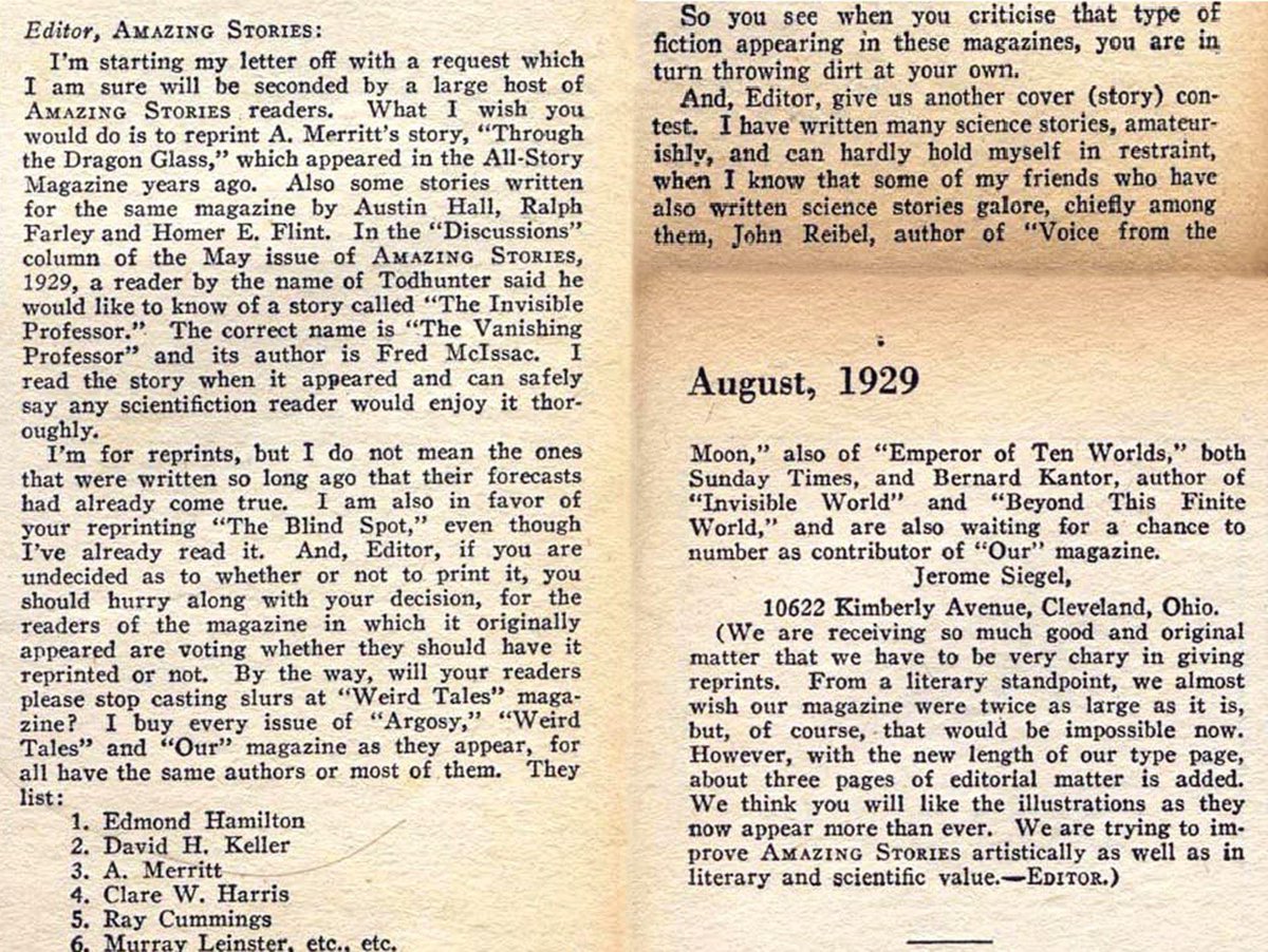 I was going through my scans of #AmazingStories and found this fan letter from #JerrySiegel in  the August 1929 issue. #superman