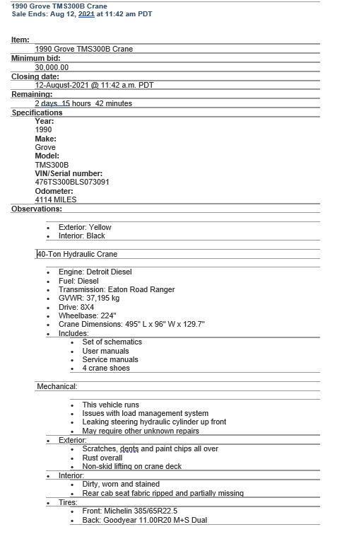 CGExports's tweet image. 1990 Grove TMS300B Crane
Sale Ends: Aug 12, 2021 at 11:42 am PDT