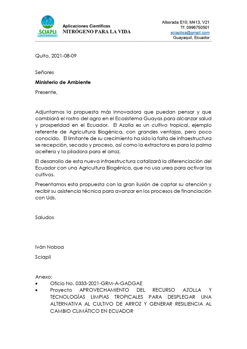 nitkmariano's tweet photo. @LassoGuillermo @GustavoManriq_M @TanllyVera @XimenaGarzon11 @mariabrownp Presento el proyecto “APROVECHAMIENTO DEL RECURSO AZOLLA Y TECNOLOGÍAS LIMPIAS TROPICALES PARA DESPLEGAR UNA ALTERNATIVA AL CULTIVO DE ARROZ Y GENERAR RESILIENCIA AL CAMBIO CLIMÁTICO EN ECUADOR (ARATELIT)” https://t.co/mjZhso5HtX