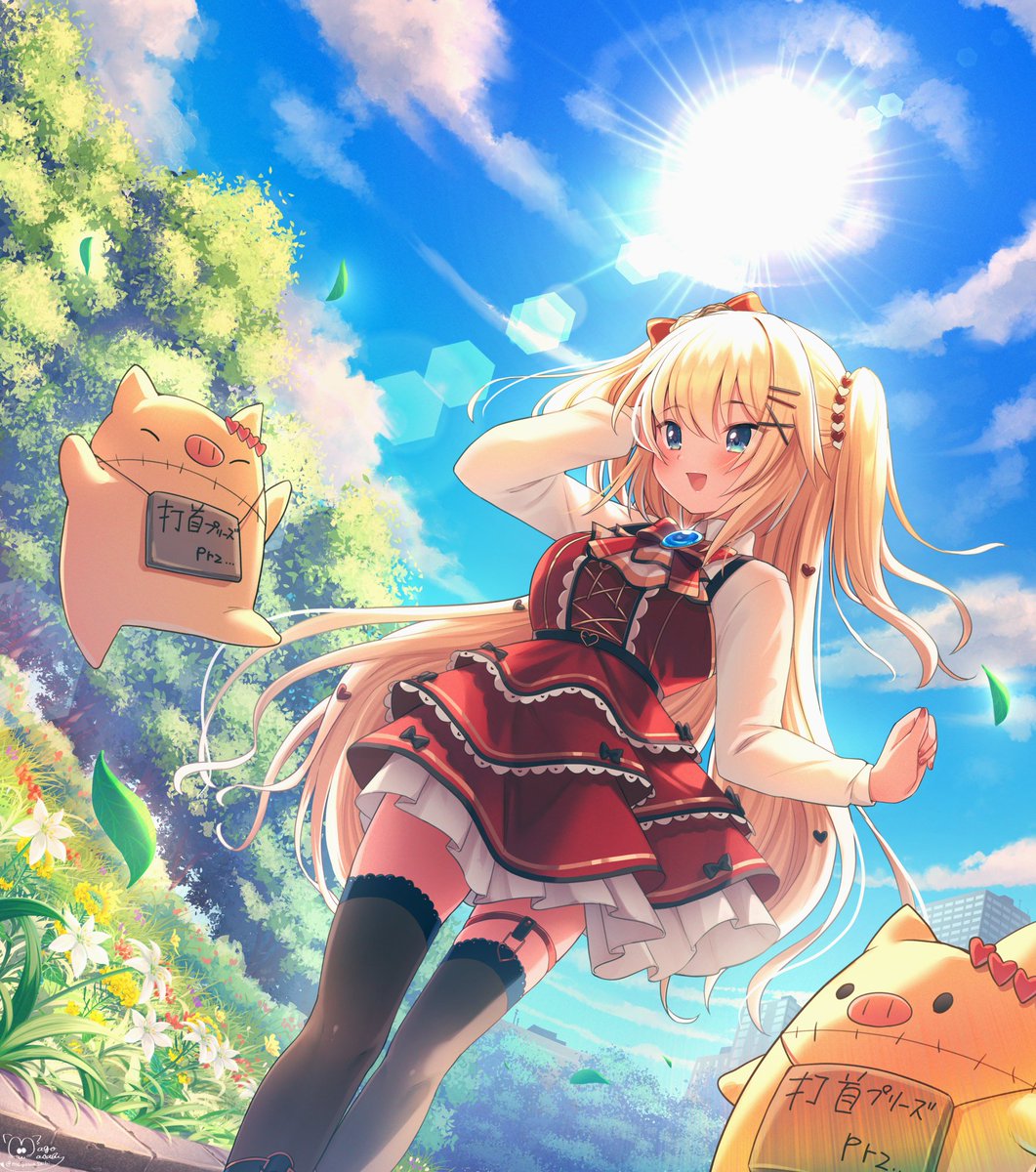 akai haato 1girl blonde hair long hair thighhighs two side up red dress twitter username  illustration images