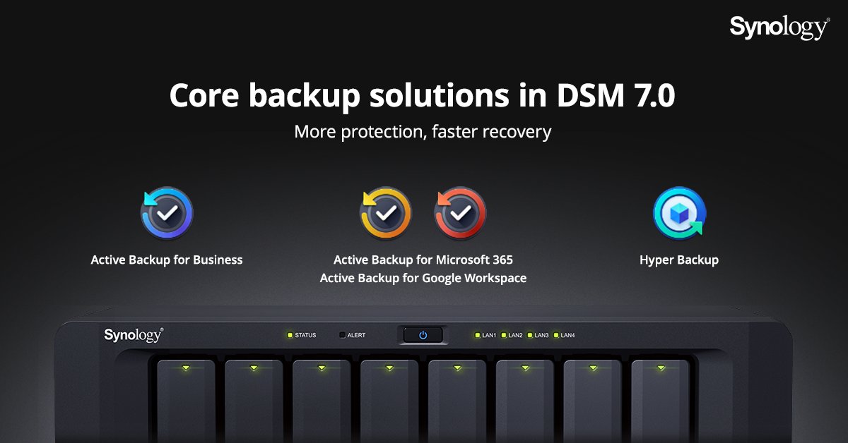 Synology's tweet image. Try new and improved features to protect more devices, online services, and DSM applications, and enjoy more ways to keep your backups safe. Read more: bit.ly/2X8AKyN