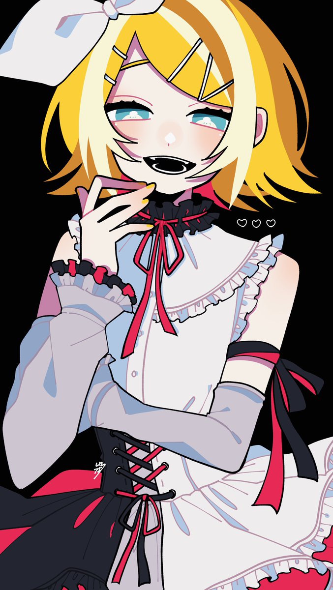 kagamine rin 1girl solo blonde hair hair ornament frills detached sleeves black background  illustration images