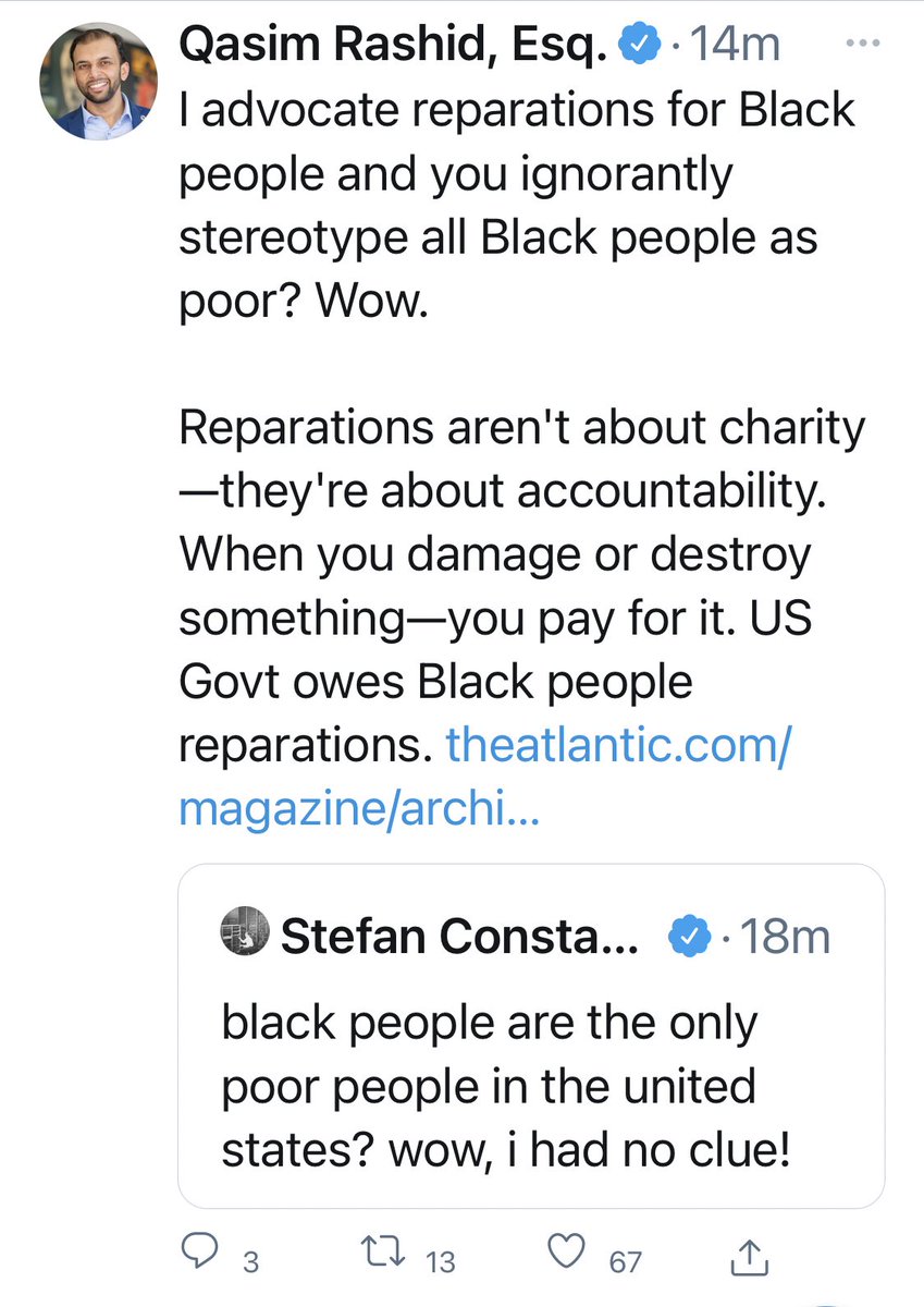 QasimRashid's tweet photo. Fascinating how quickly the mere discussion of reparations for Black Americans frightens white supremacists.
A story in 4 tweets. https://t.co/Ecykz2PRaC
