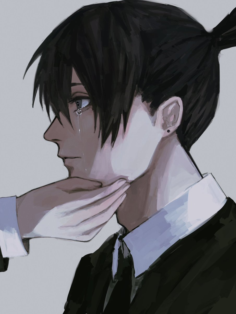 hayakawa aki 1boy black hair simple background solo focus black necktie tears crying  illustration images