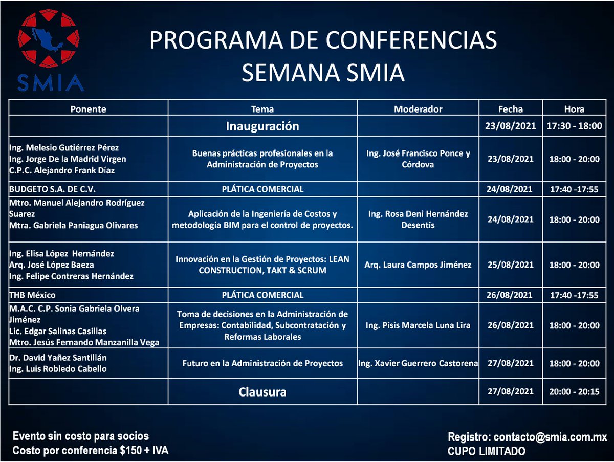 SMIA_OFICIAL's tweet photo. Les compartimos el programa actualizado de nuestra #SEMANASMIA Iniciamos el próximo 23 de agosto, por lo que aún hay tiempo para que aquellos interesados en participar puedan inscribirse. https://t.co/4orDyG2EX8