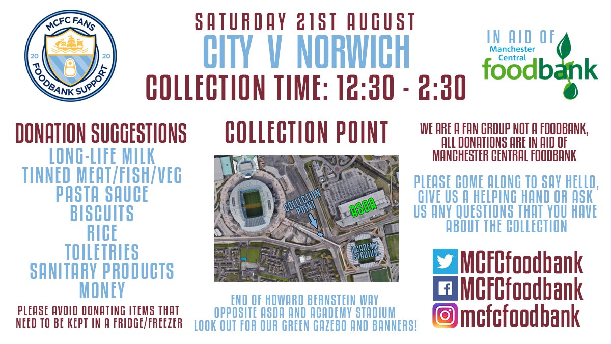 We're back for our first collection in nearly 18 months this Saturday!

If you're heading to the game, please consider bringing a donation of any size if you can 💙 All information can be found below.

Please share! #mcfc