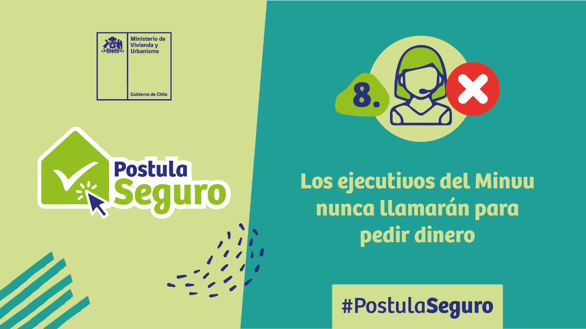 minvutarapaca's tweet photo. 📢¡NO MÁS ESTAFAS O ENGAÑOS!

📲📞 Los ejecutivos del Minvu, nunca llamarán para pedir dinero al momento de postular a un subsidio.

Revisa las recomendaciones en https://t.co/uZkSyP1xrI y #PostulaSeguro https://t.co/hXXSPCgNj2
