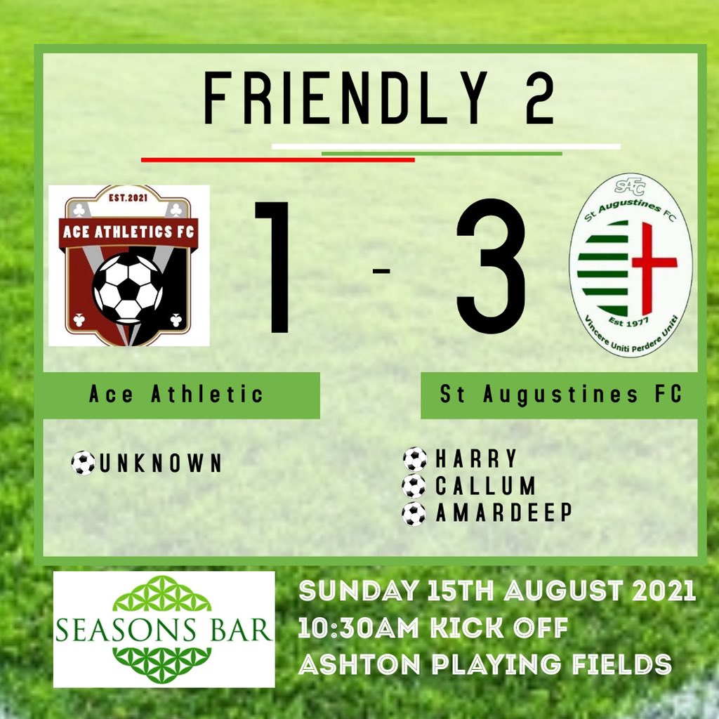 StAugustinesFC's tweet photo. A good run out for the lads in our second pre season friendly of the season. A comfortable 3-1 win away to newly formed @AceAthleticsFC means it’s a win and a draw from 2 of our 4 fixtures before the season starts. Onto game 3/4 on Sunday🟢⚪️

Sponsored by @Seasons_Bar https://t.co/wiiYJwVe7Y