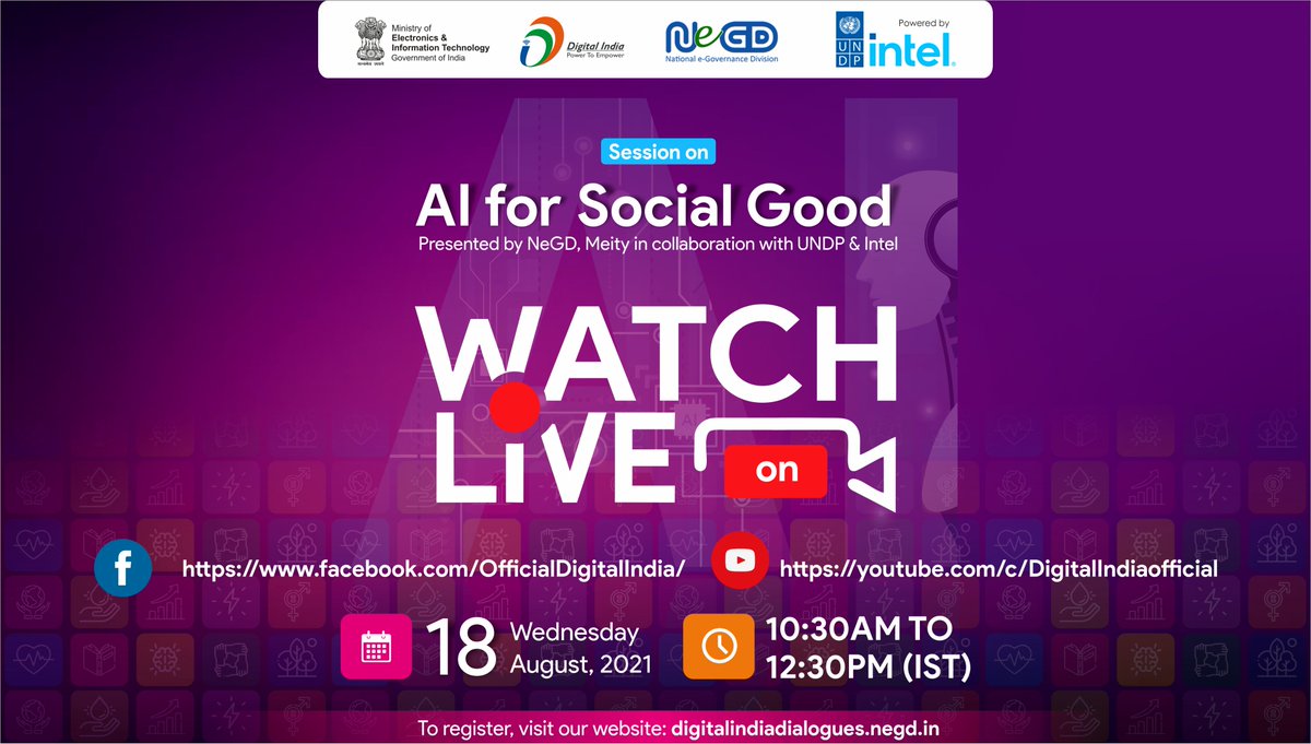 Join us #LIVE on #DigitalIndiaDialogues as the experts discuss 'AI for Social Good', on August 18, 2021, from 10:30 AM onwards. To register, please visit: digitalindiadialogues.negd.in/register
@DialoguesIndia @NeGD_GoI @GoI_MeitY @IntelIndia @intel @IntelPolicy @UNDP_India @UNDPtech
