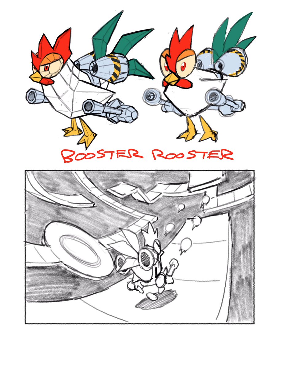 Had this idea for awhile. Megaman Legends style art with sort of inverted Mario Galaxy fisheye 3d platfoming. Rechargeable rockets for boosting across wide gaps. Metal Slug style guns.
Booster [the rooster] uses parts from ludicrous hi tech egg factory to rescue hens and eggs 