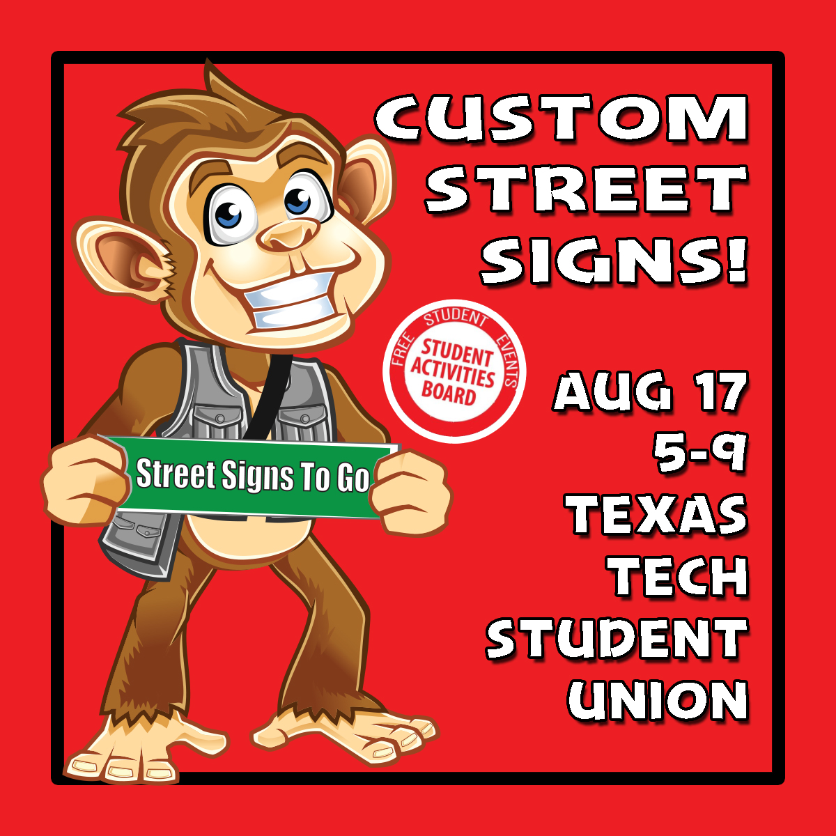 FunFotosToGo's tweet photo. Tonight we're making custom street signs for Texas Tech @TexasTechSAB ! Always a joy to work with Tech students and staff. Come get yours between 5:00 and 9:00, then go check out the Game Show at 9:00! https://t.co/zFnw09vPam