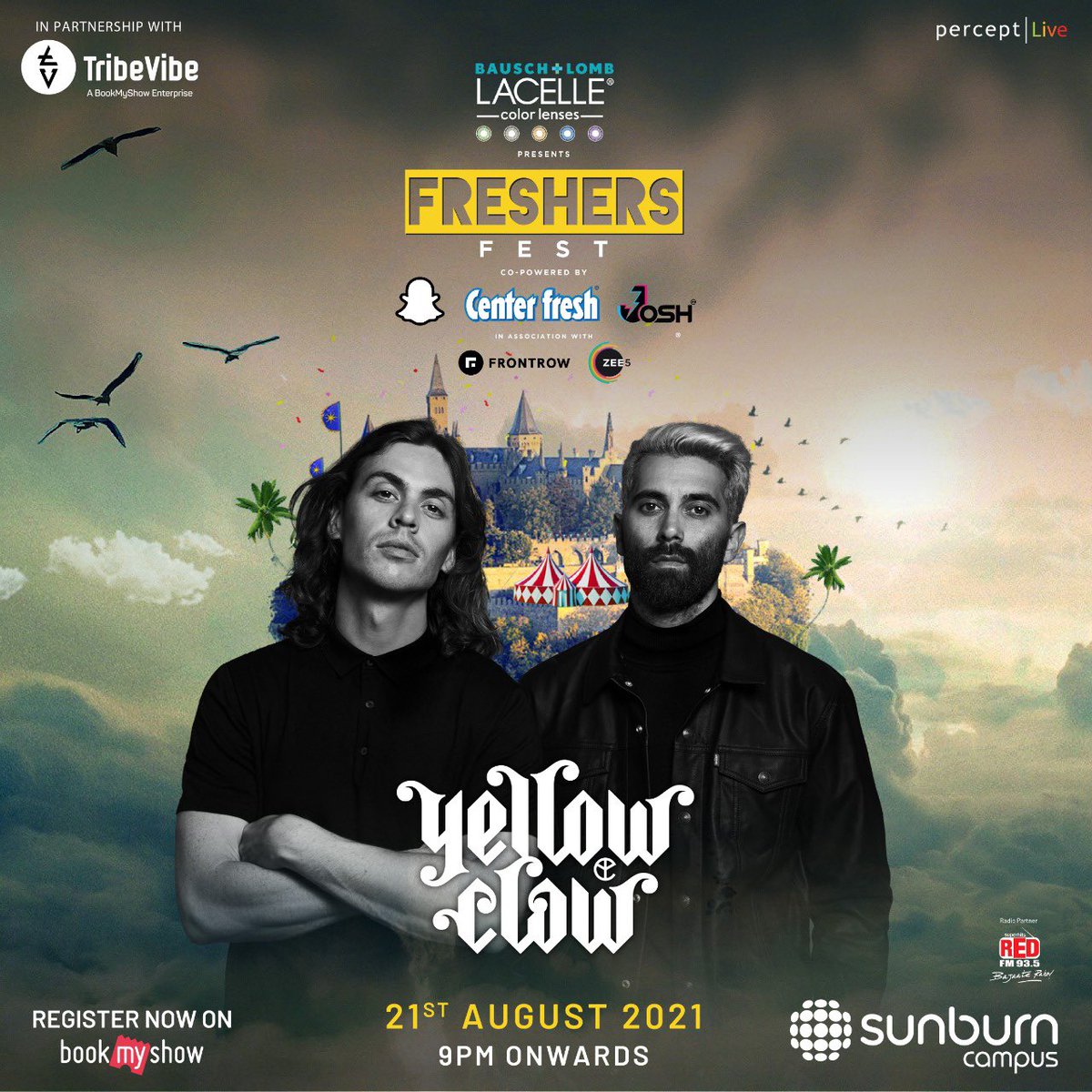 FRESHERS FEST - 4 days to go! 

Catch <a href="/YELLOWCLAW/">YELLOW CLAW</a> perform at <a href="/CampusSunburn/">Sunburn Campus</a> at Freshers Fest on 21st August, 7 pm onwards! 

Free registration for all college students - bit.ly/FreshersFest20… 

<a href="/BauschandLombIn/">Bausch & Lomb India</a> Snapchat, <a href="/CenterfreshIn/">Center fresh India</a> <a href="/OfficialJoshApp/">Josh App</a> <a href="/GetFrontRow/">FrontRow</a> <a href="/ZEE5India/">ZEE5Official</a>
