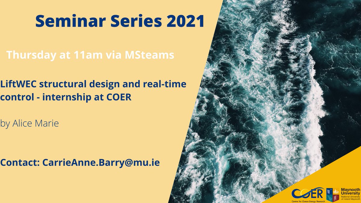 coermaynooth's tweet image. Join us for this week&apos;s seminar on Thursday at 11am 
@MaynoothEEng
@WaveEnergyScot
@MaREIcentre
@scienceirel
@LiftWEC
#waveenergy #oceanenergy #realtimecontrol