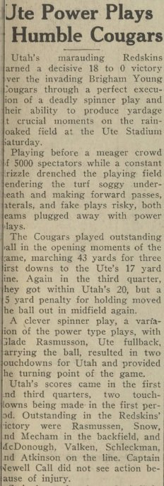 UtahMan1850's tweet photo. #Roadto63
Win #17 - 10/31/1936 - Dubbed the Rain Bowl, Utah's power running game won the day Glade Rasmussen ran for 2 scores in an 18-0 for Utah over BYU https://t.co/4dKWLVahh4